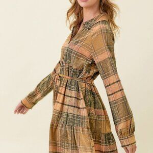 MYSTREE WASHED PLAID TIERED DRESS